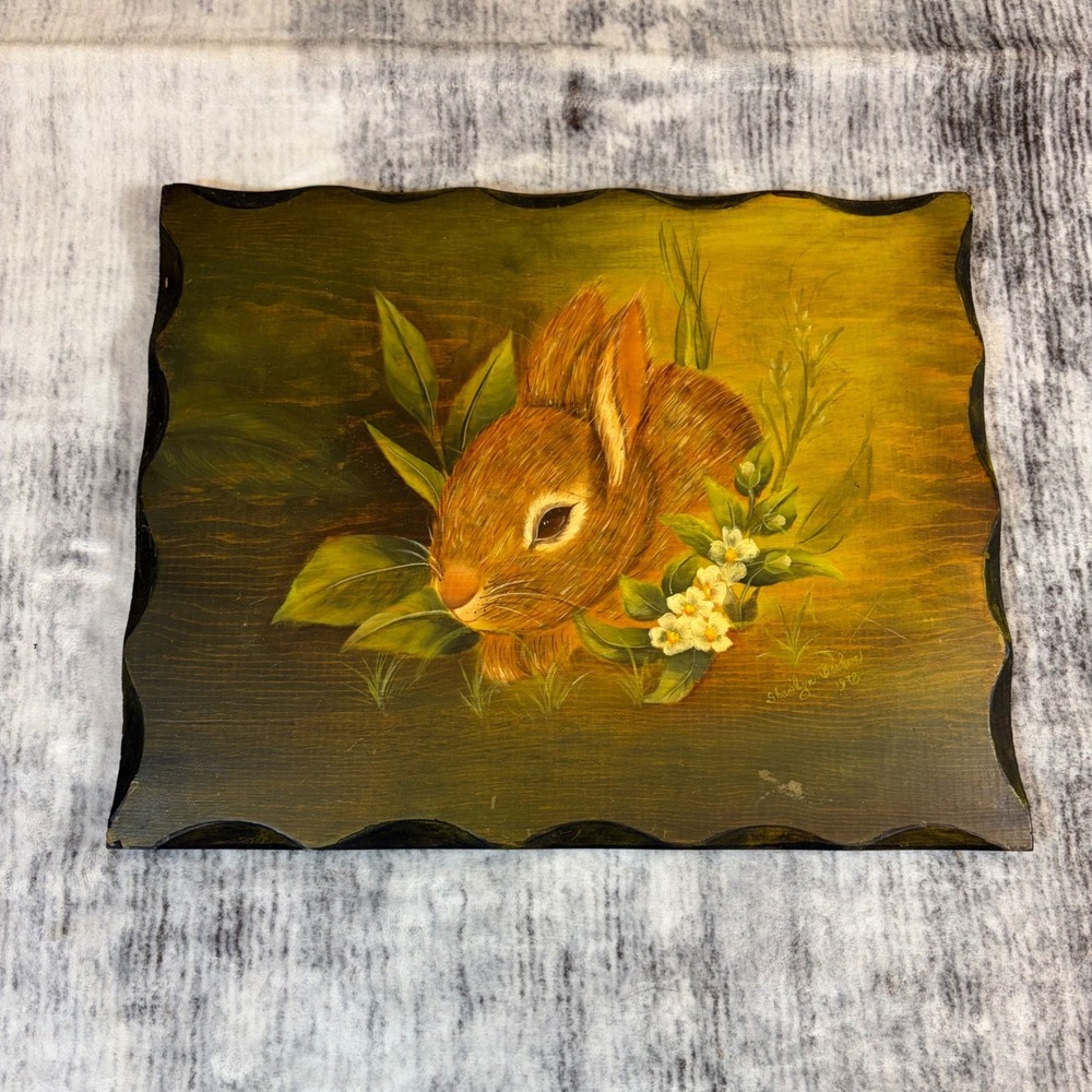 Vintage 1978 Signed Sharilyn Boehme Bunny Rabbit Hand Painted Wood Wall Plaque